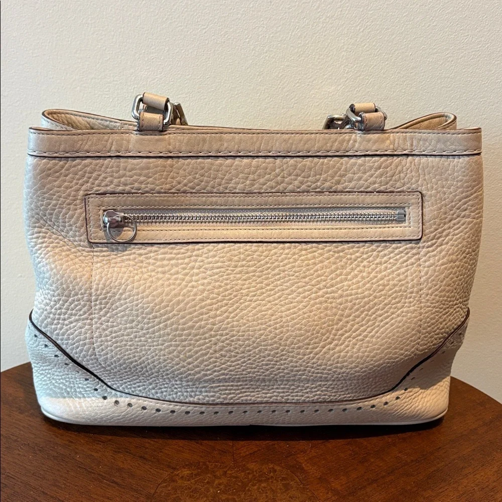 Coach  5055  Hampton satchel  pebbled leather  light tan / perforations  EUC